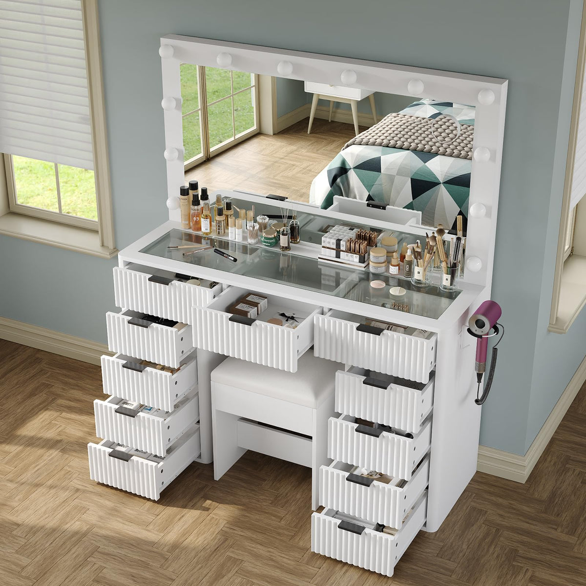 47" White Vanity Desk with 3-Color LED Mirror & 11 Drawers Z45798