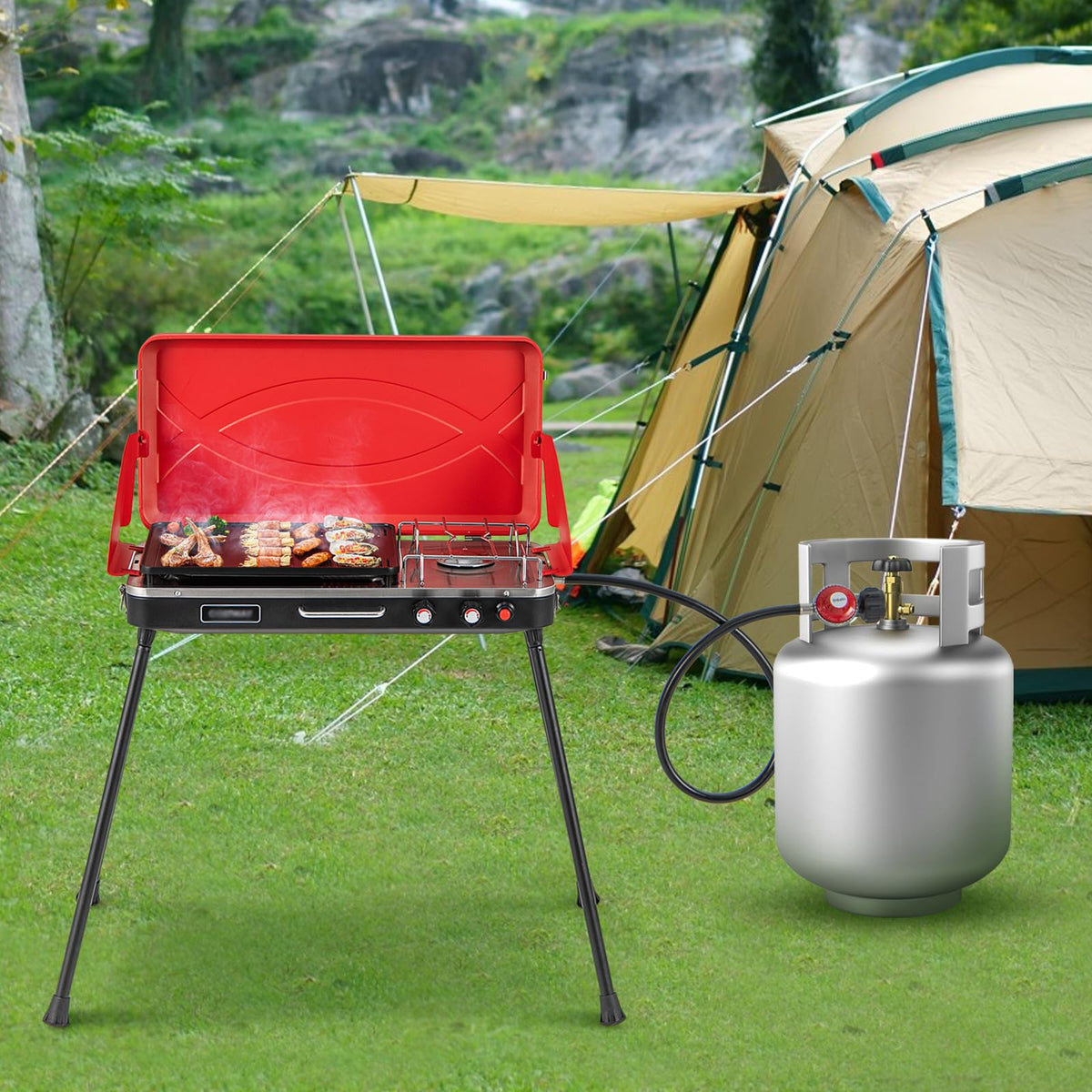 2-Burner Camping Stove with Removable Leg Stand G357879