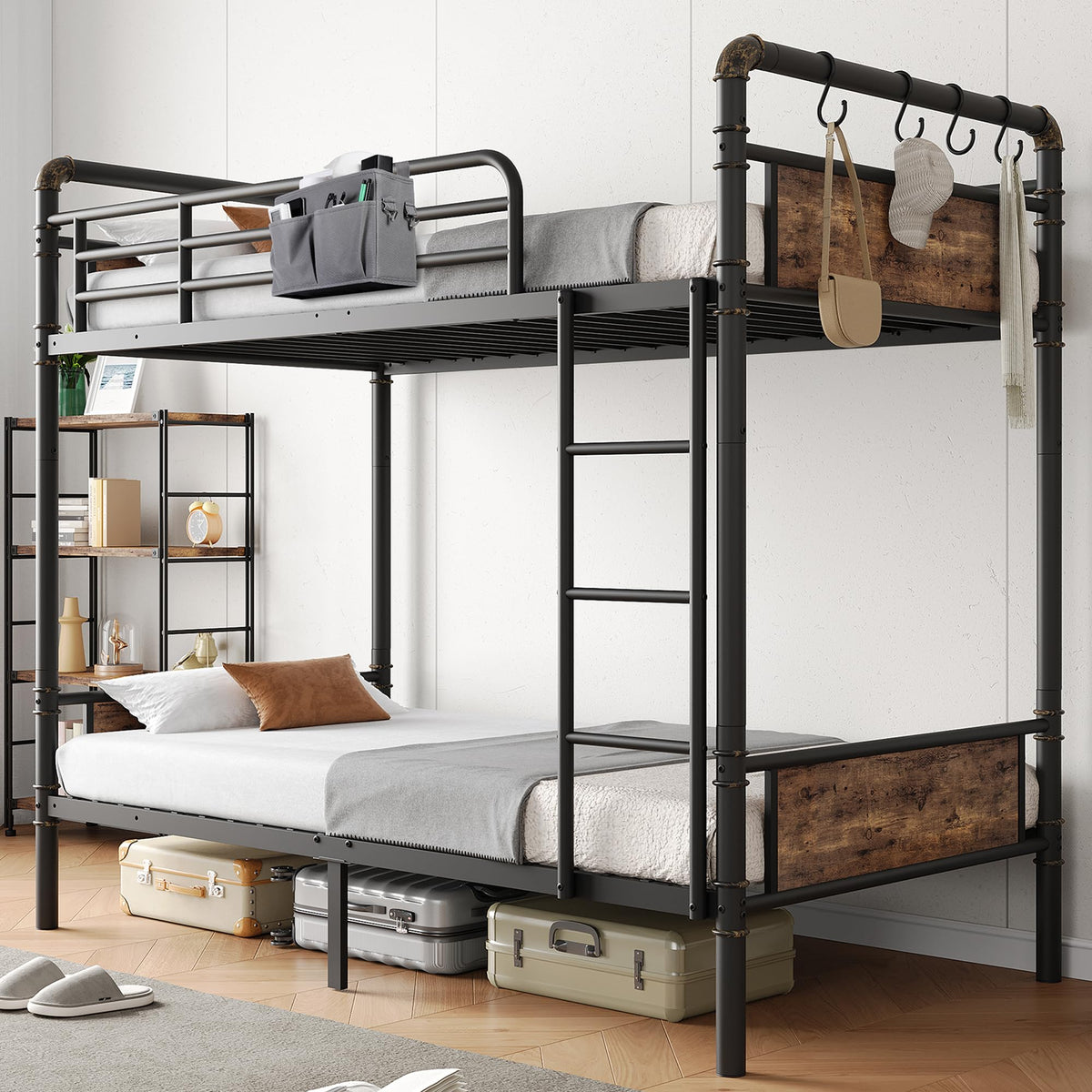 Twin Over Twin Metal Bunk Bed with Ladder and Guardrail M58130