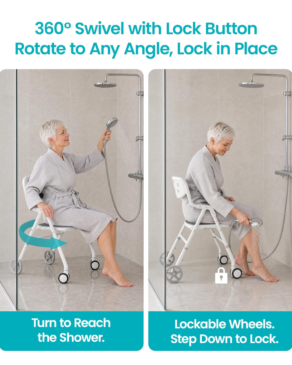 Foldable Rolling Shower Chair with Arms and Back N407