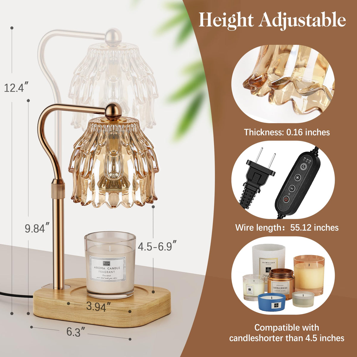 Candle Warmer Lamp with Timer Dimmer Adjustable Height Glass V755