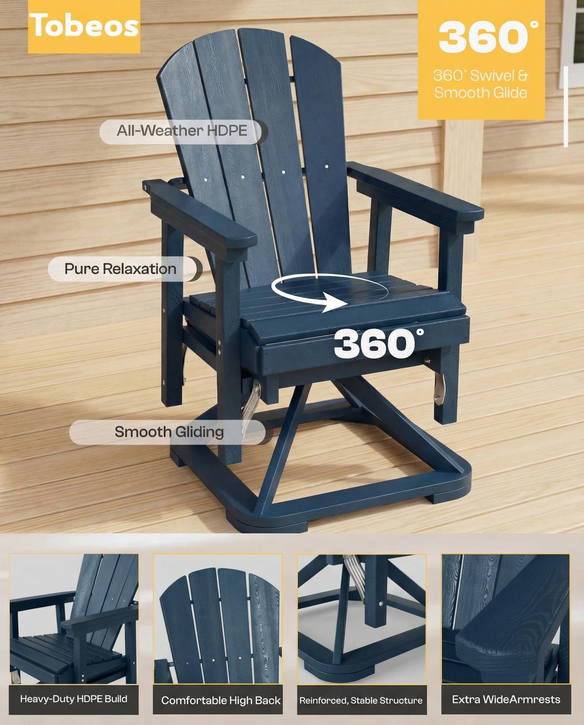 HDPE Oversized Swivel Glider Rocking Chair Set of 2 Navy Blue T392671