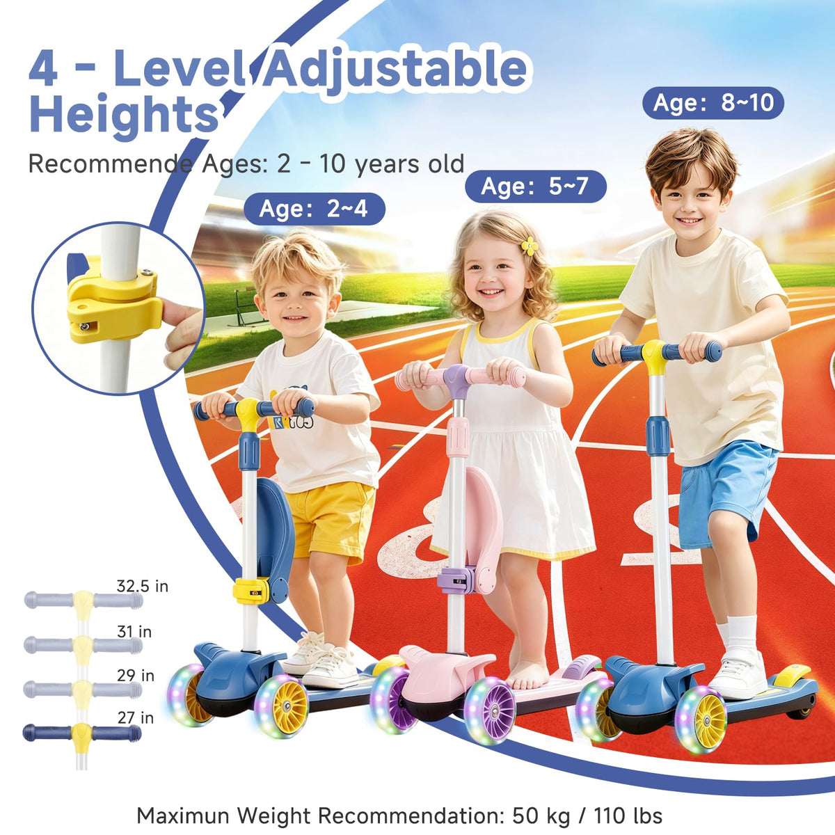 2 in 1 Kids Scooter with Removable Seat, Light up 3 Wheels, 4 Adjustable Height B104779