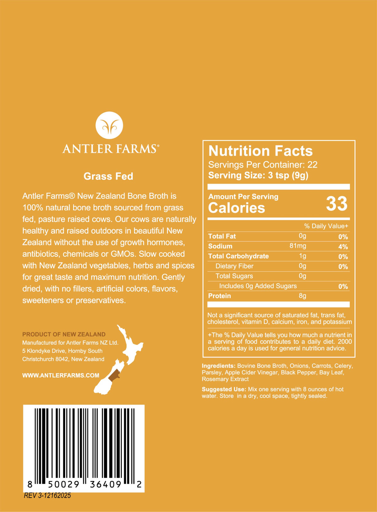 100% Grass Fed New Zealand Bone Broth Powder, 40 Servings, 200g Z413876