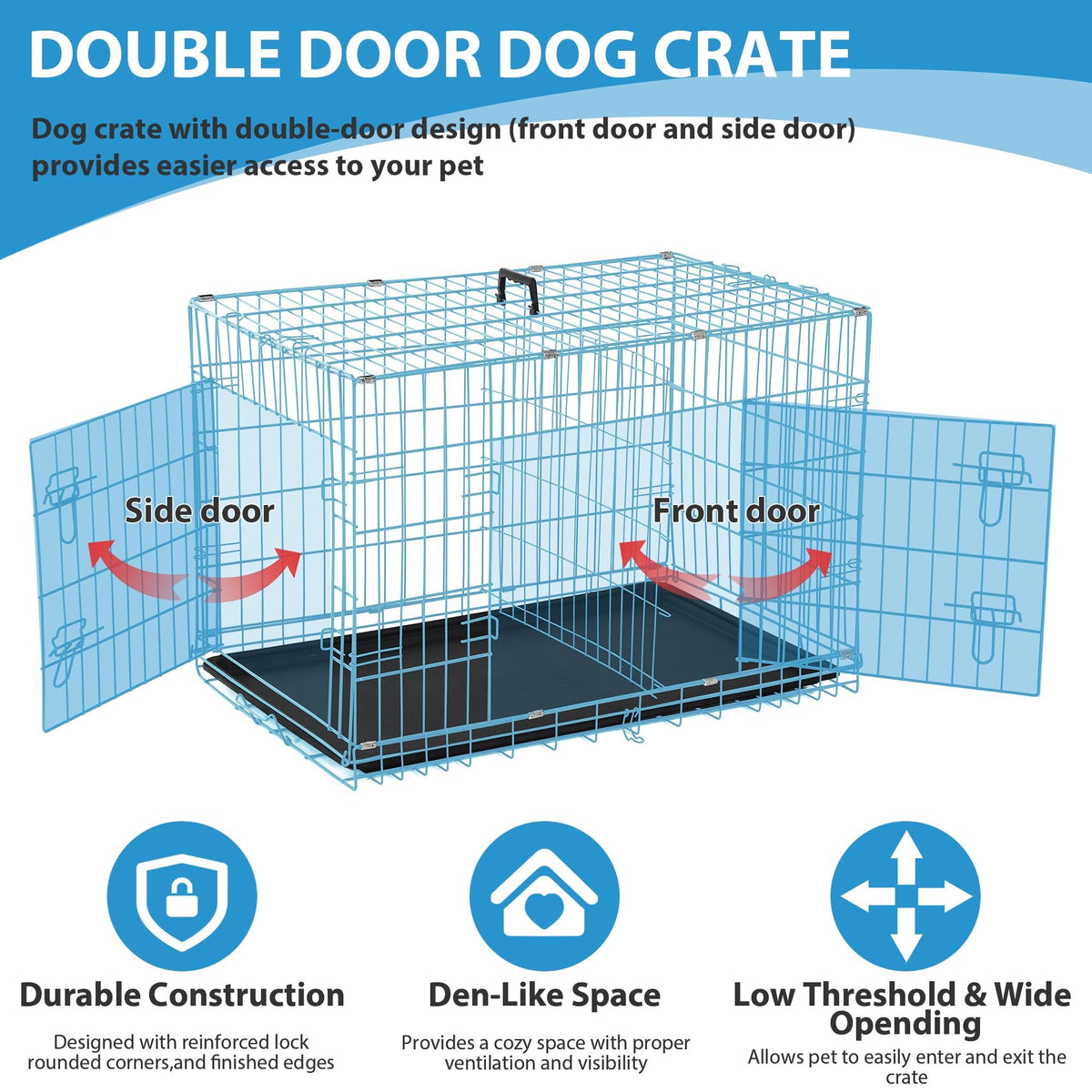 48 Inch Double-Door Folding Dog Crate with Tray and Handle H975