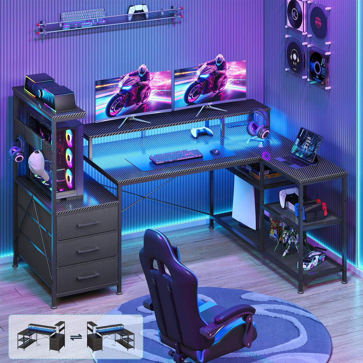 L Shaped Gaming Desk with Drawers T15700