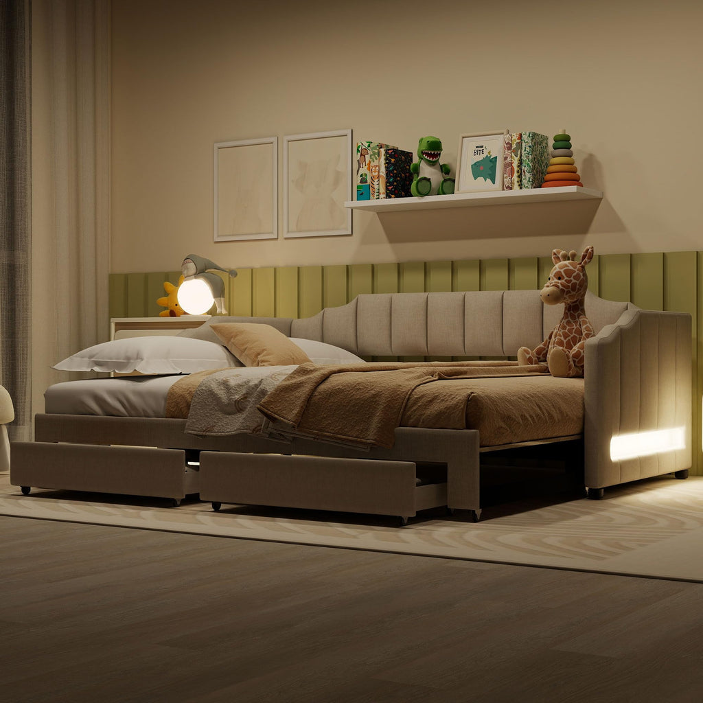 Twin XL Linen Upholstered Daybed with Storage Drawers and LED Light W51251