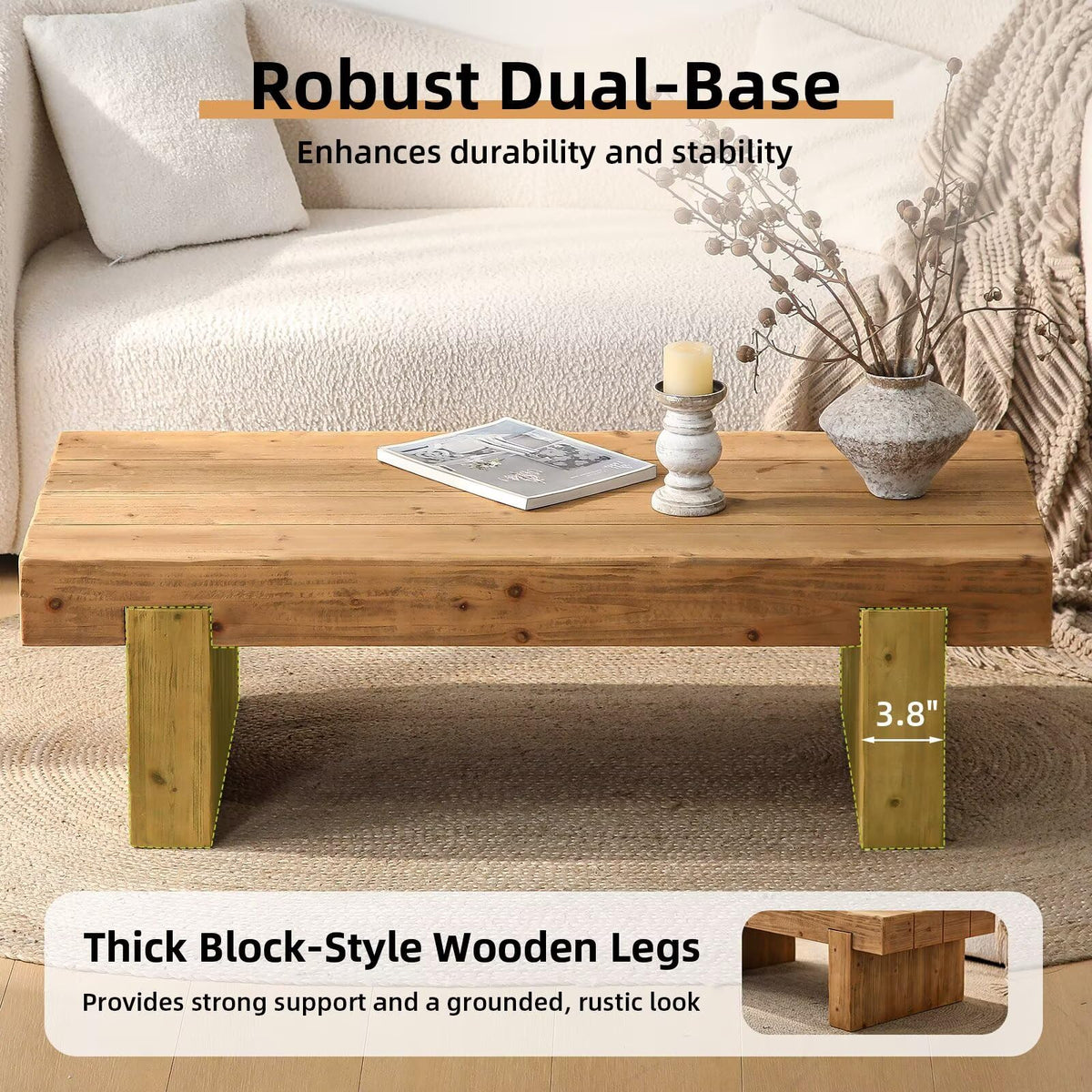 Solid Pine Wood Coffee Table, Rectangular Chunky Block Legs I40501