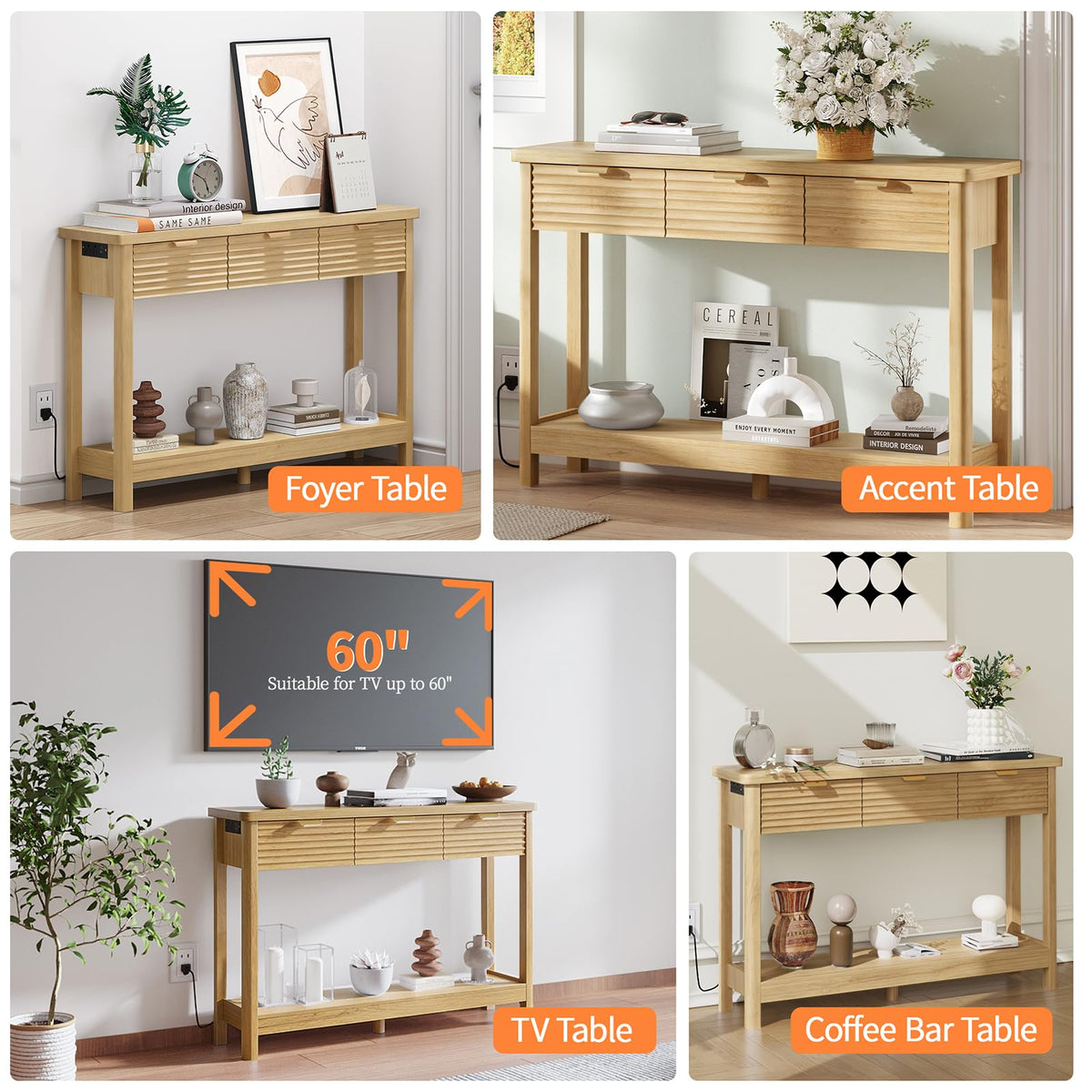 47.2" Narrow Console Table with 3 Drawers & Charging Station, Oak X212301