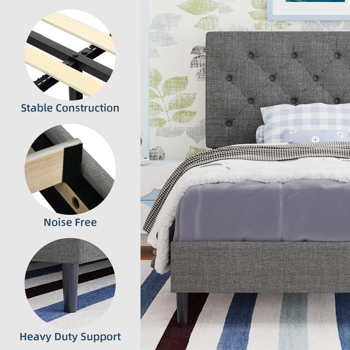 Light Grey Twin Bed Frame with Adjustable Tufted Headboard E1682