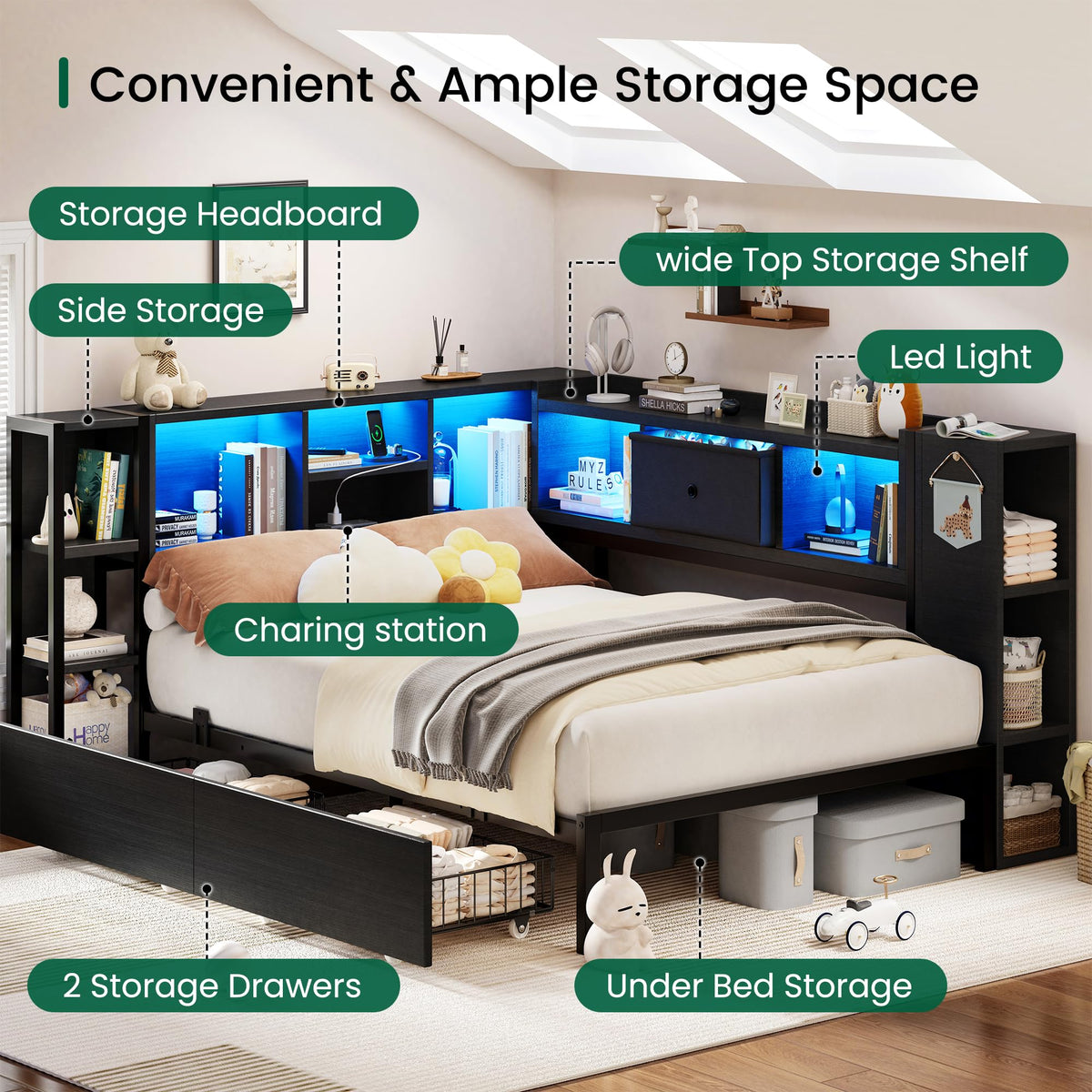 Twin Size Corner Bed Frame with Storage Drawers and Bookcase Headboard V845