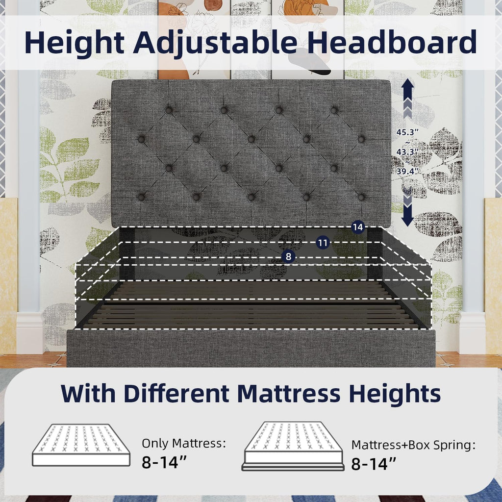 Light Grey Twin Bed Frame with Adjustable Tufted Headboard E1682