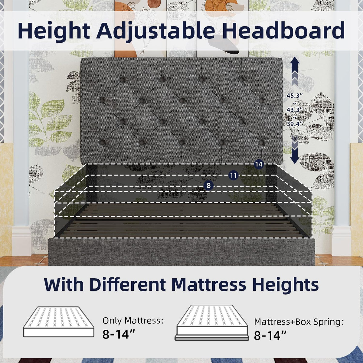 Light Grey Twin Bed Frame with Adjustable Tufted Headboard E1682