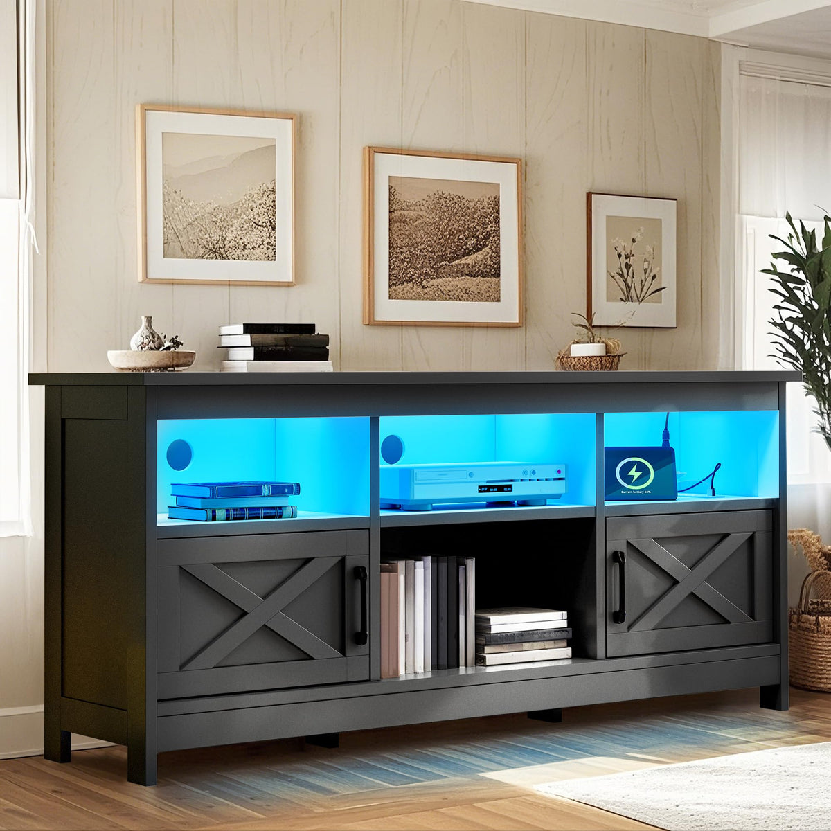 Black TV Stand with Power Outlet and LED Light Y7389