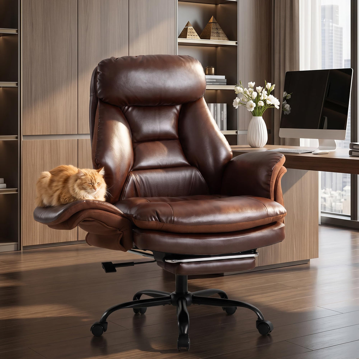 600lbs Big and Tall Brown Leather Office Chair with Footrest C14868