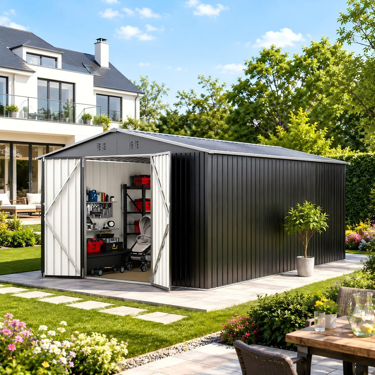 10X14 FT Metal Outdoor Storage Shed with Lockable Doors W4997