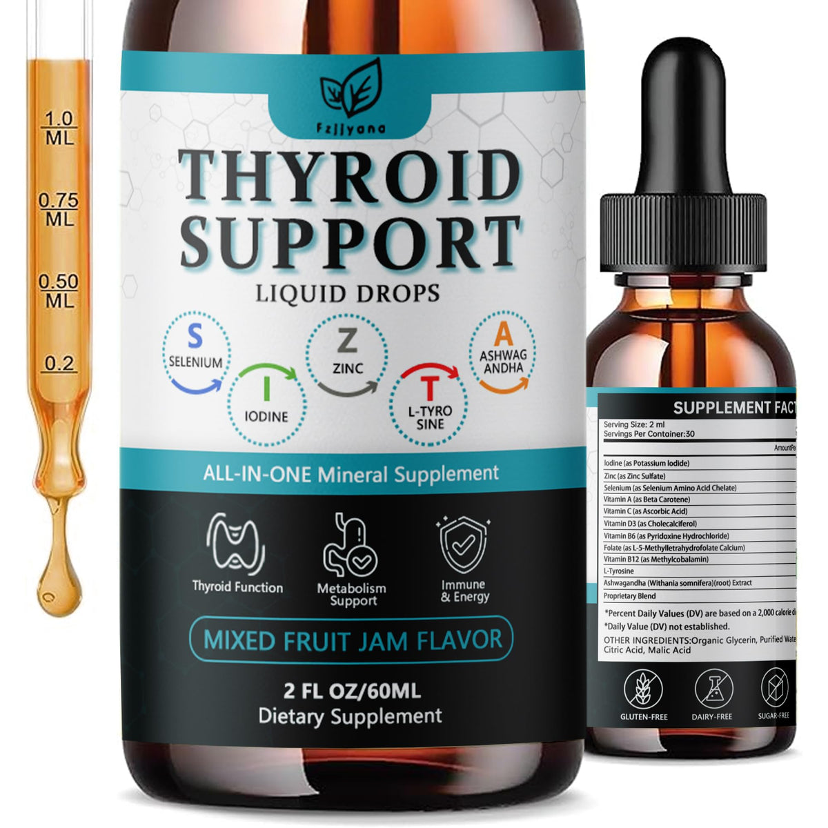 Liquid Thyroid Support Drops with Selenium Zinc Iodine L-Tyrosine Ashwagandha K945