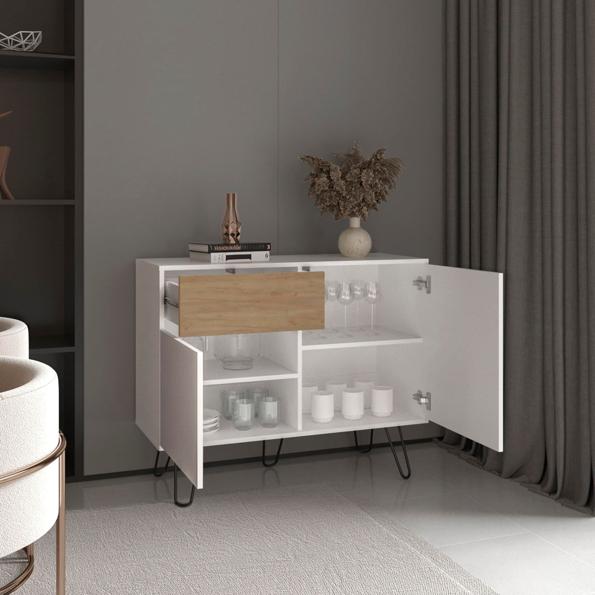 39" Wide Console Table with Two Cabinets, One Drawer and Four Shelves V433