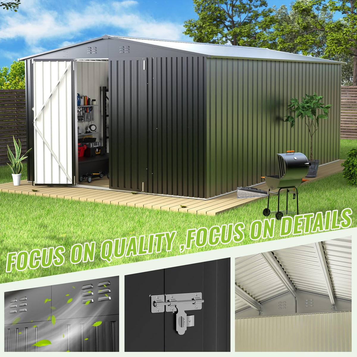 10X14 FT Metal Outdoor Storage Shed with Lockable Doors W4997