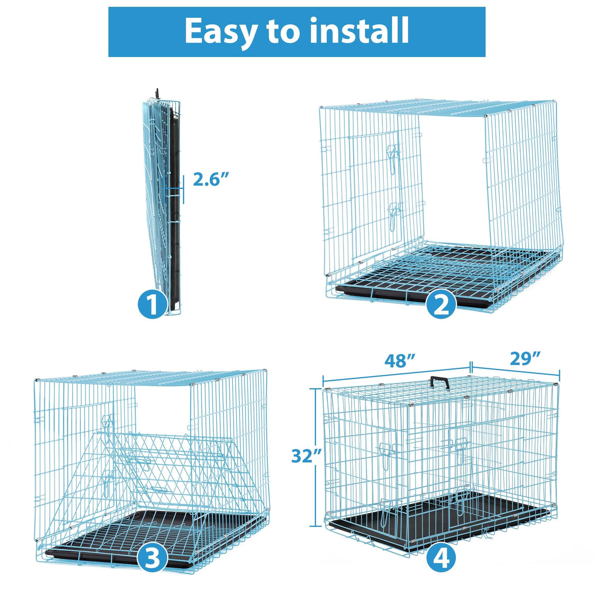 48 Inch Double-Door Folding Dog Crate with Tray and Handle H975