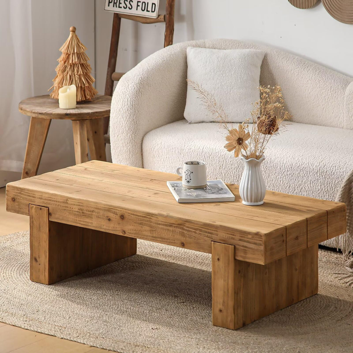 Solid Pine Wood Coffee Table, Rectangular Chunky Block Legs I40501