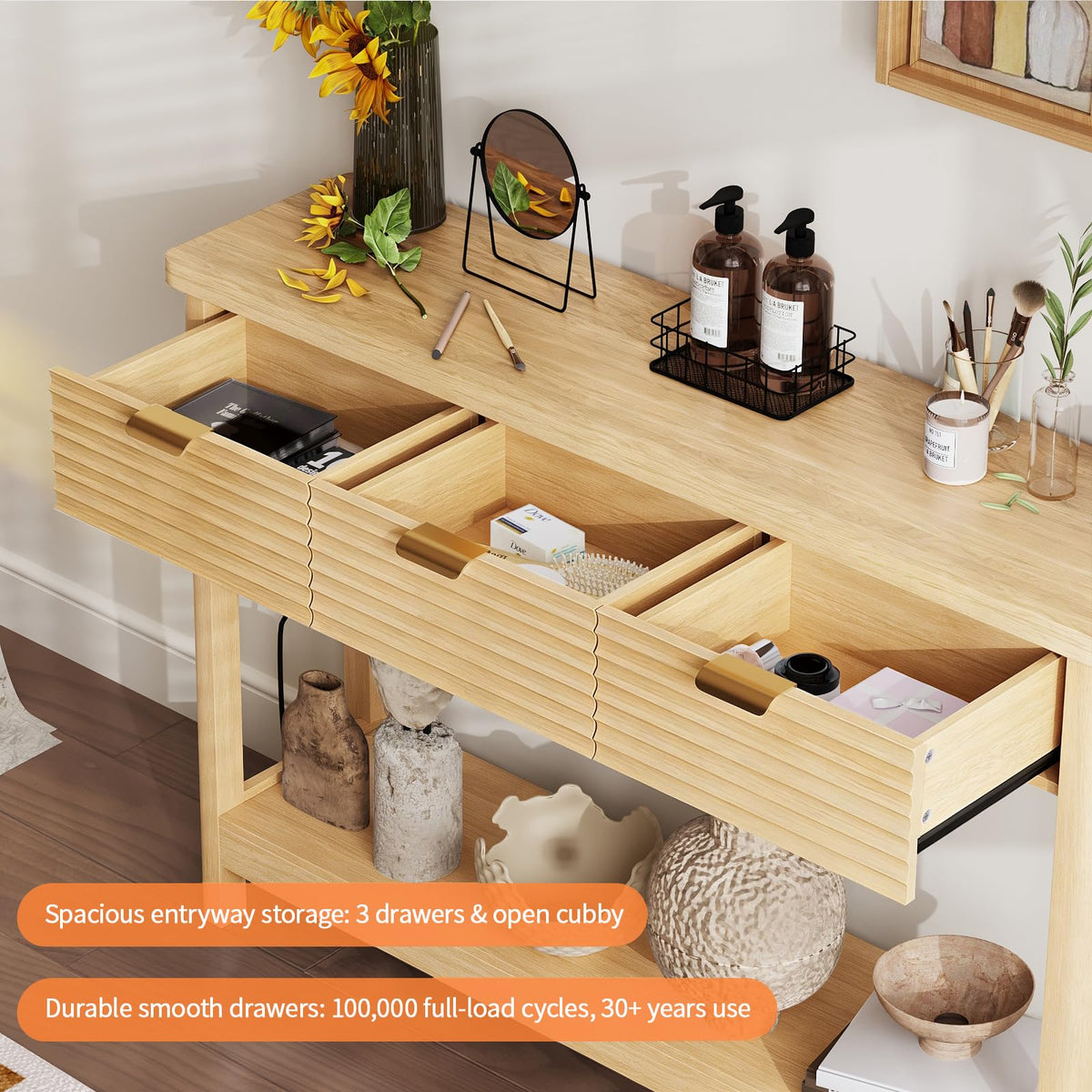 47.2" Narrow Console Table with 3 Drawers & Charging Station, Oak X212301