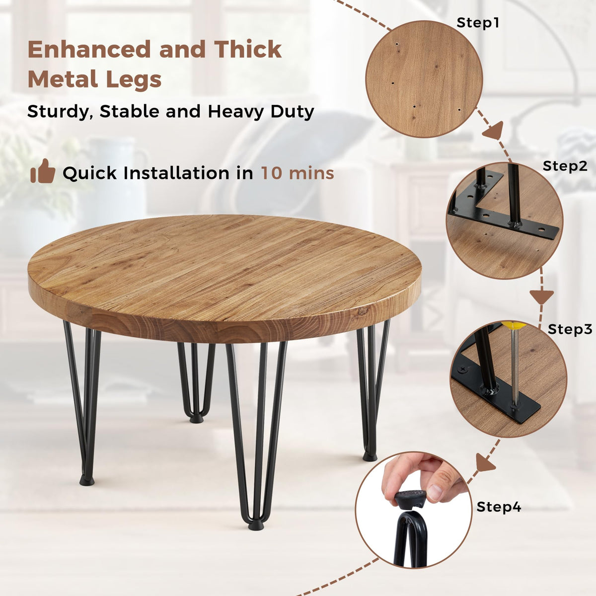 Rustic Wood Round Coffee Table with Metal Legs K61894