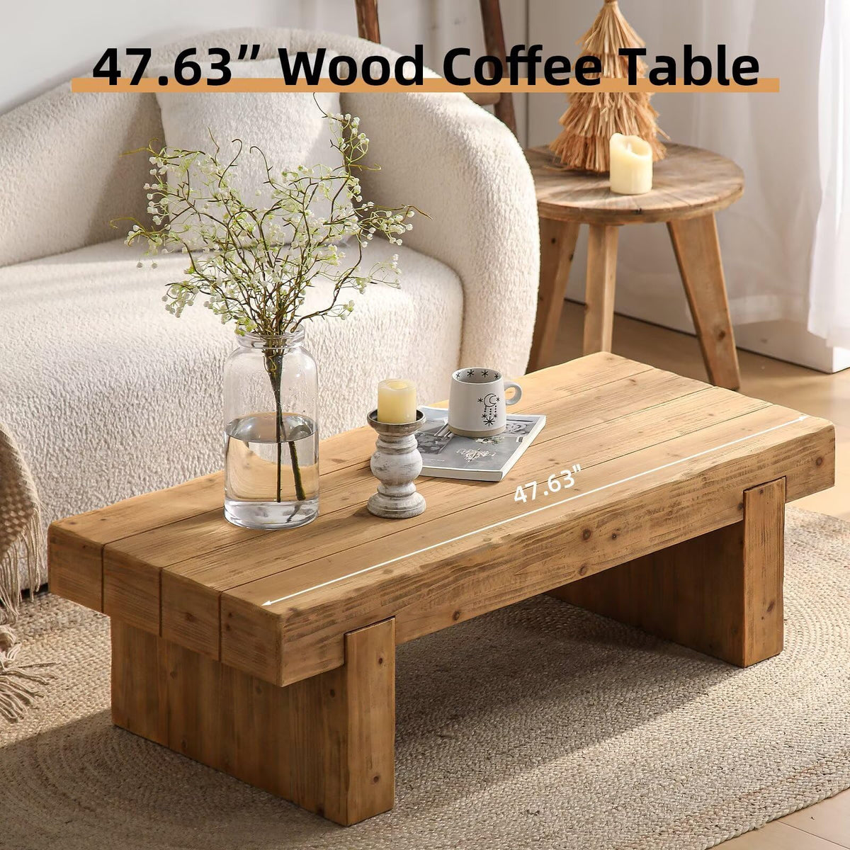 Solid Pine Wood Coffee Table, Rectangular Chunky Block Legs I40501
