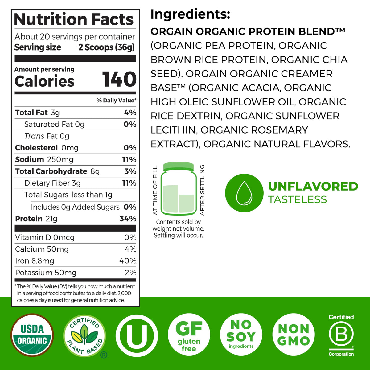 Organic Vegan Protein Powder, Natural Unsweetened, 1.59 lb T4749
