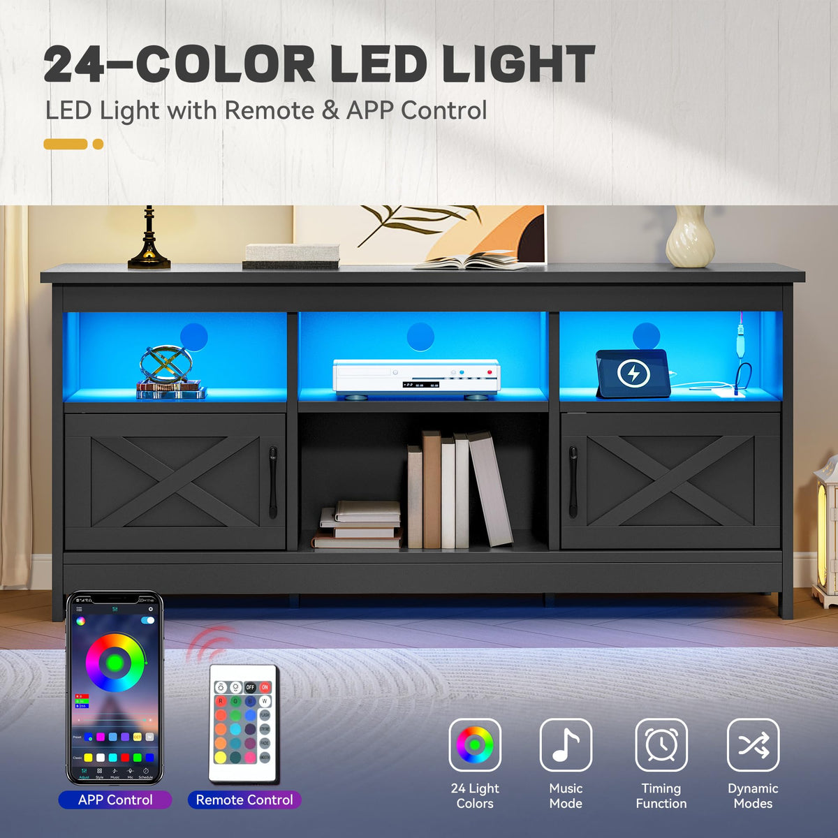 Black TV Stand with Power Outlet and LED Light Y7389