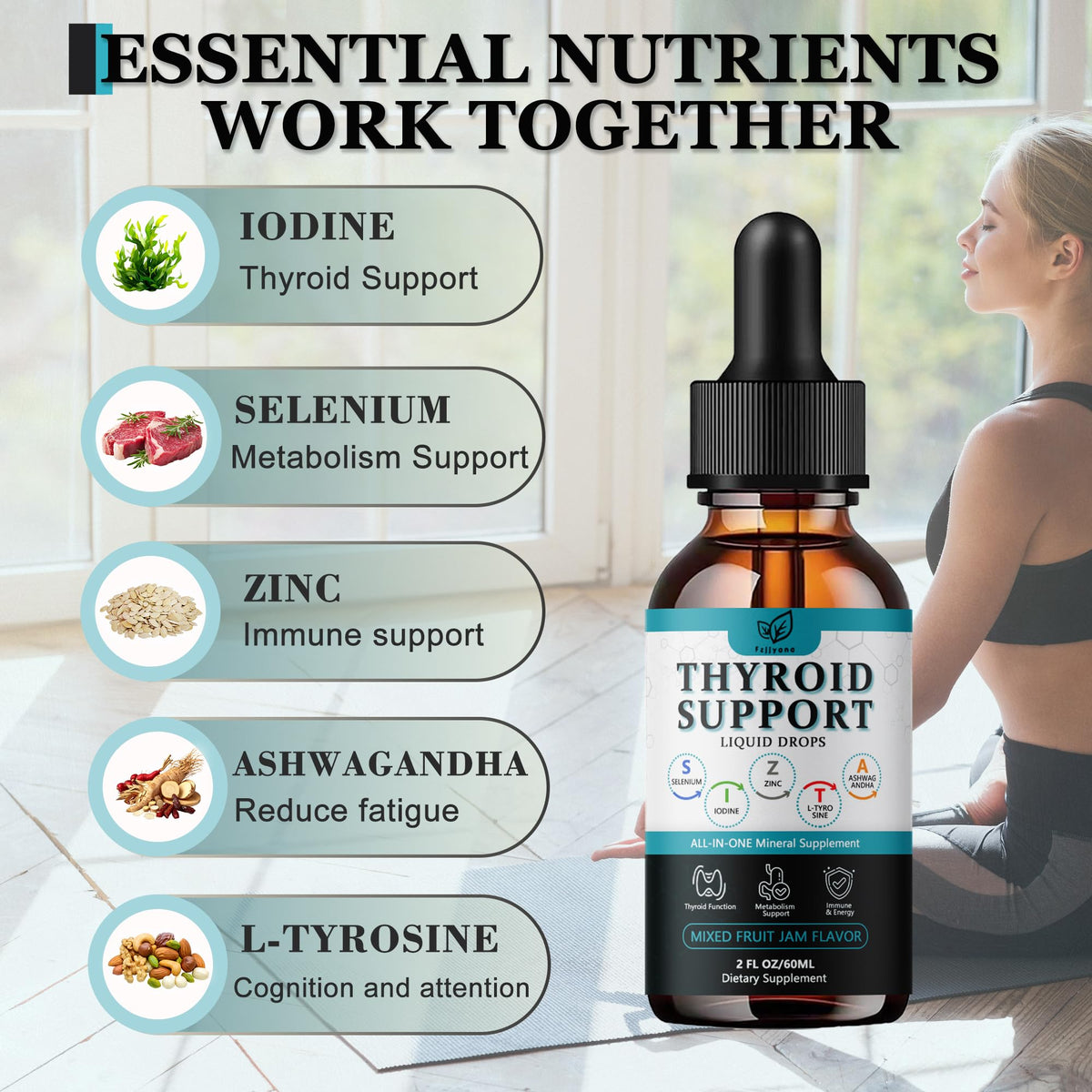 Liquid Thyroid Support Drops with Selenium Zinc Iodine L-Tyrosine Ashwagandha K945