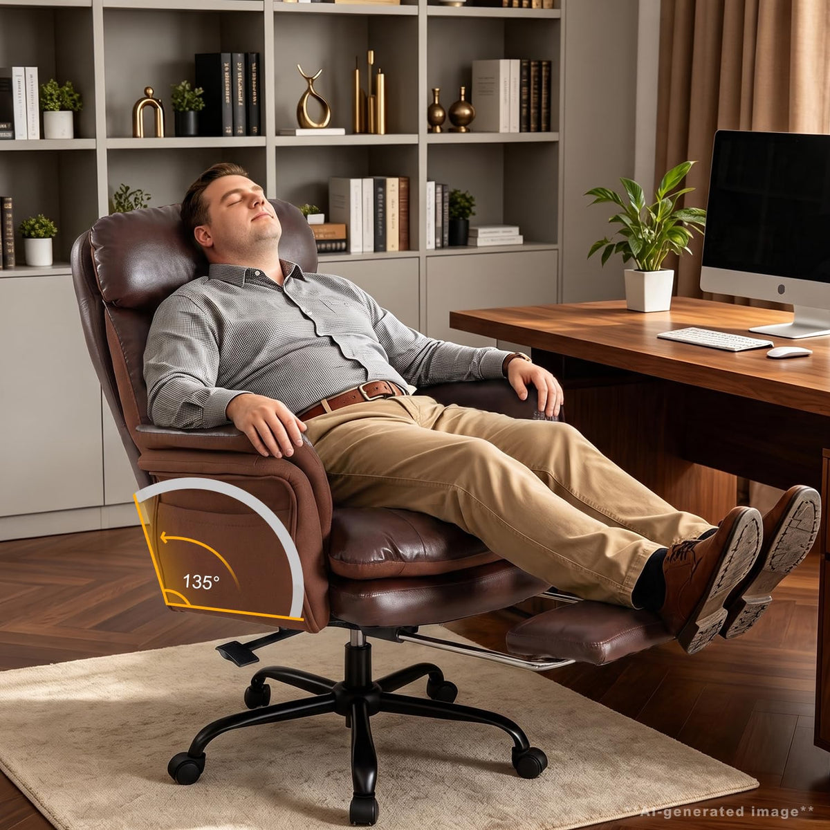 600lbs Big and Tall Brown Leather Office Chair with Footrest C14868