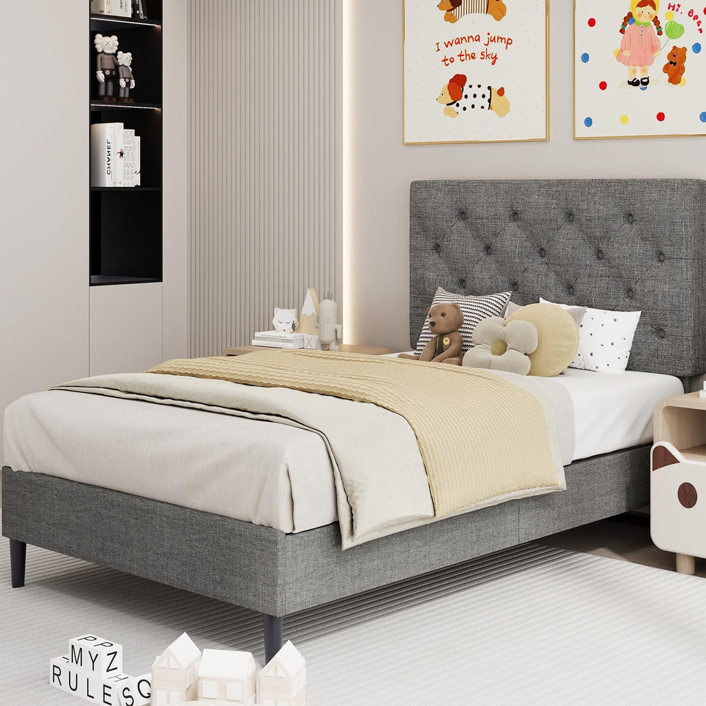Light Grey Twin Bed Frame with Adjustable Tufted Headboard E1682