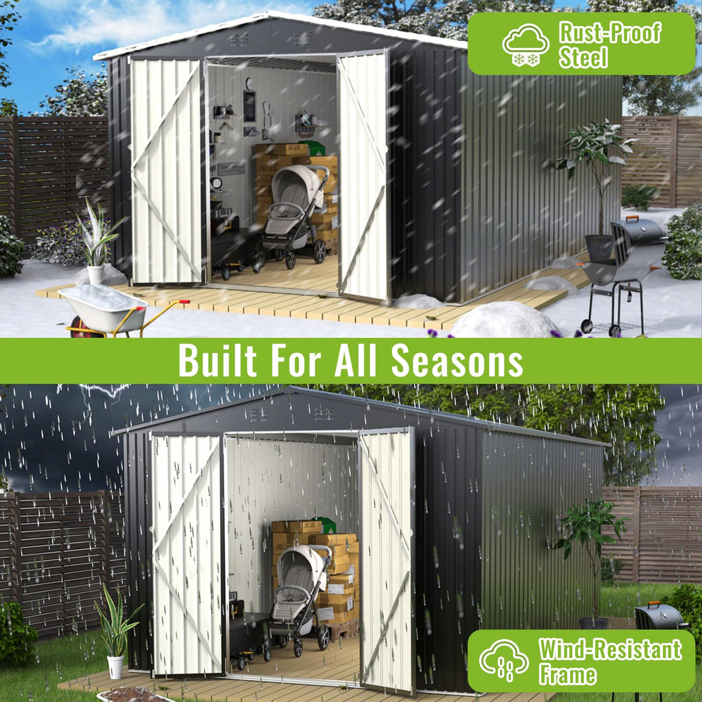 10X14 FT Metal Outdoor Storage Shed with Lockable Doors W4997