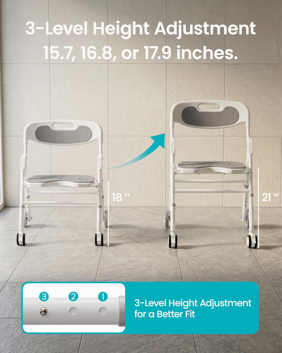 Foldable Rolling Shower Chair with Arms and Back N407