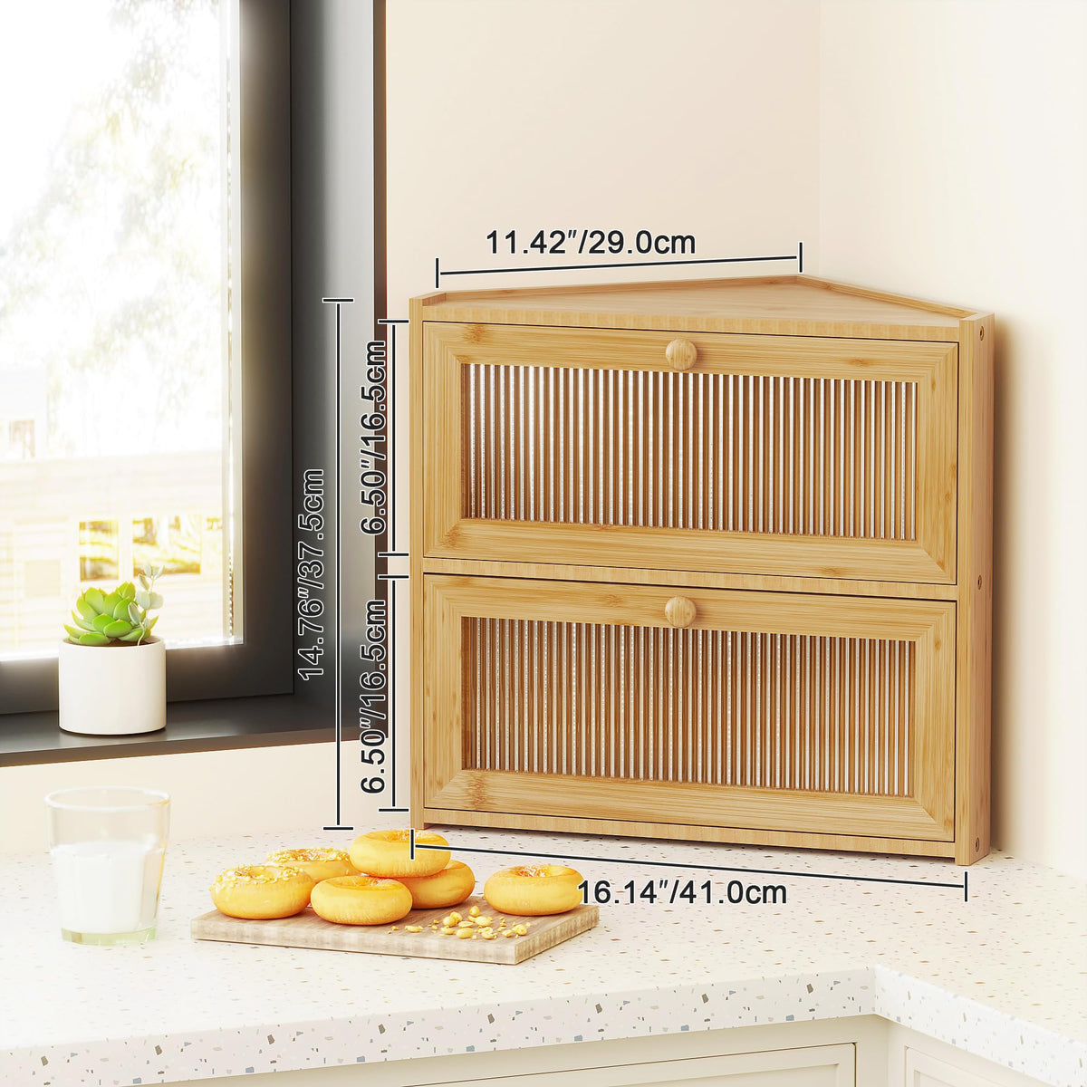 Double Layer Bamboo Bread Box with Wavy Windows A4704
