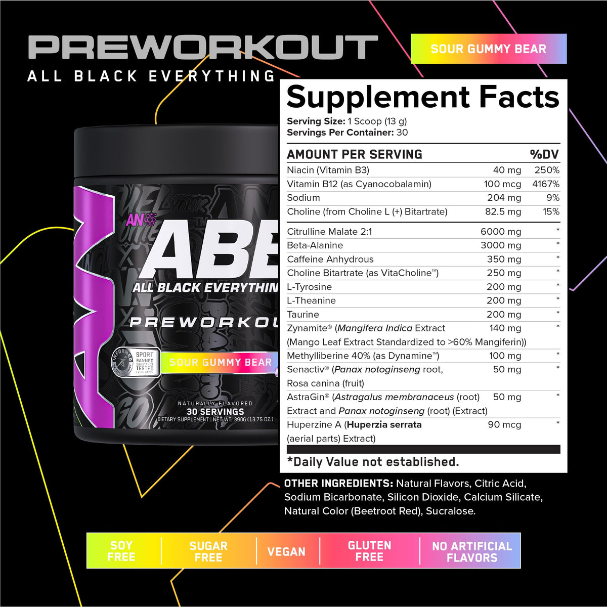 Black Pre-Workout Powder 350mg Caffeine 30 Servings D1939
