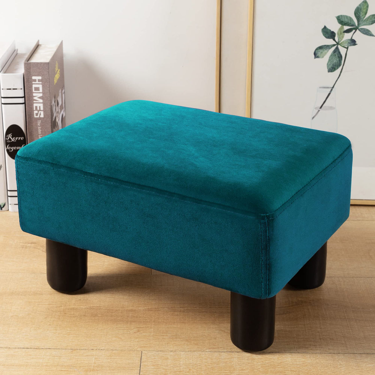 Small Teal Velvet Rectangle Foot Stool Ottoman T6711