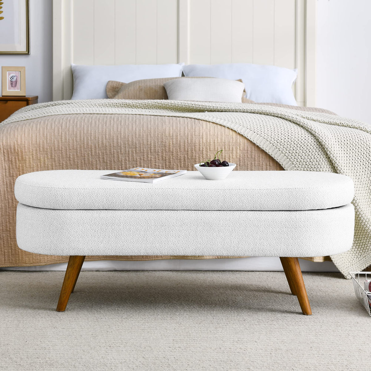 White Storage Bench with Rubber Wood Legs V888917