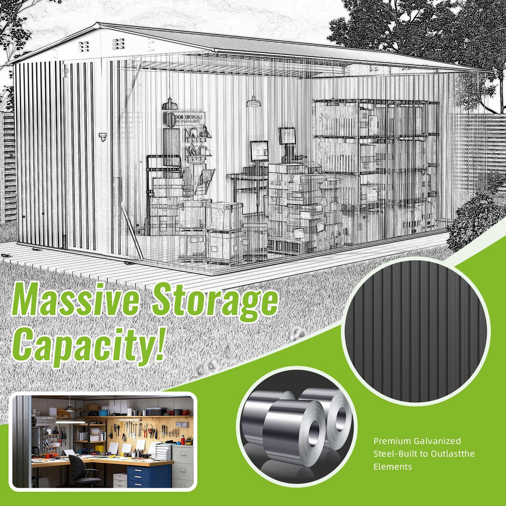 10X14 FT Metal Outdoor Storage Shed with Lockable Doors W4997
