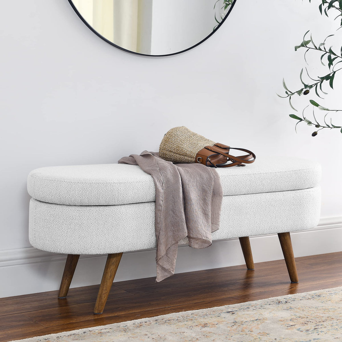 White Storage Bench with Rubber Wood Legs V888917