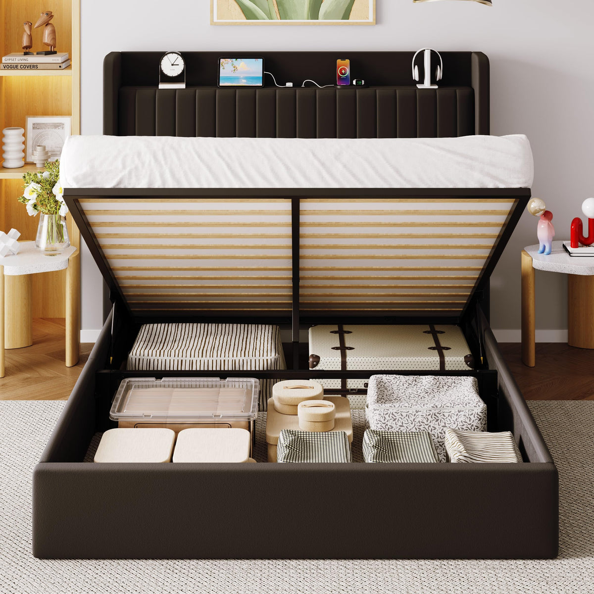 Full Lift Up Storage Hydraulic Bed Frame Black U873