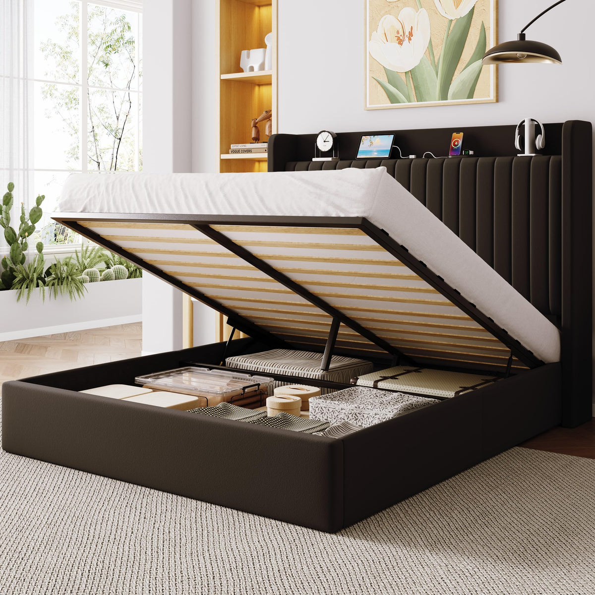 Full Lift Up Storage Hydraulic Bed Frame Black U873