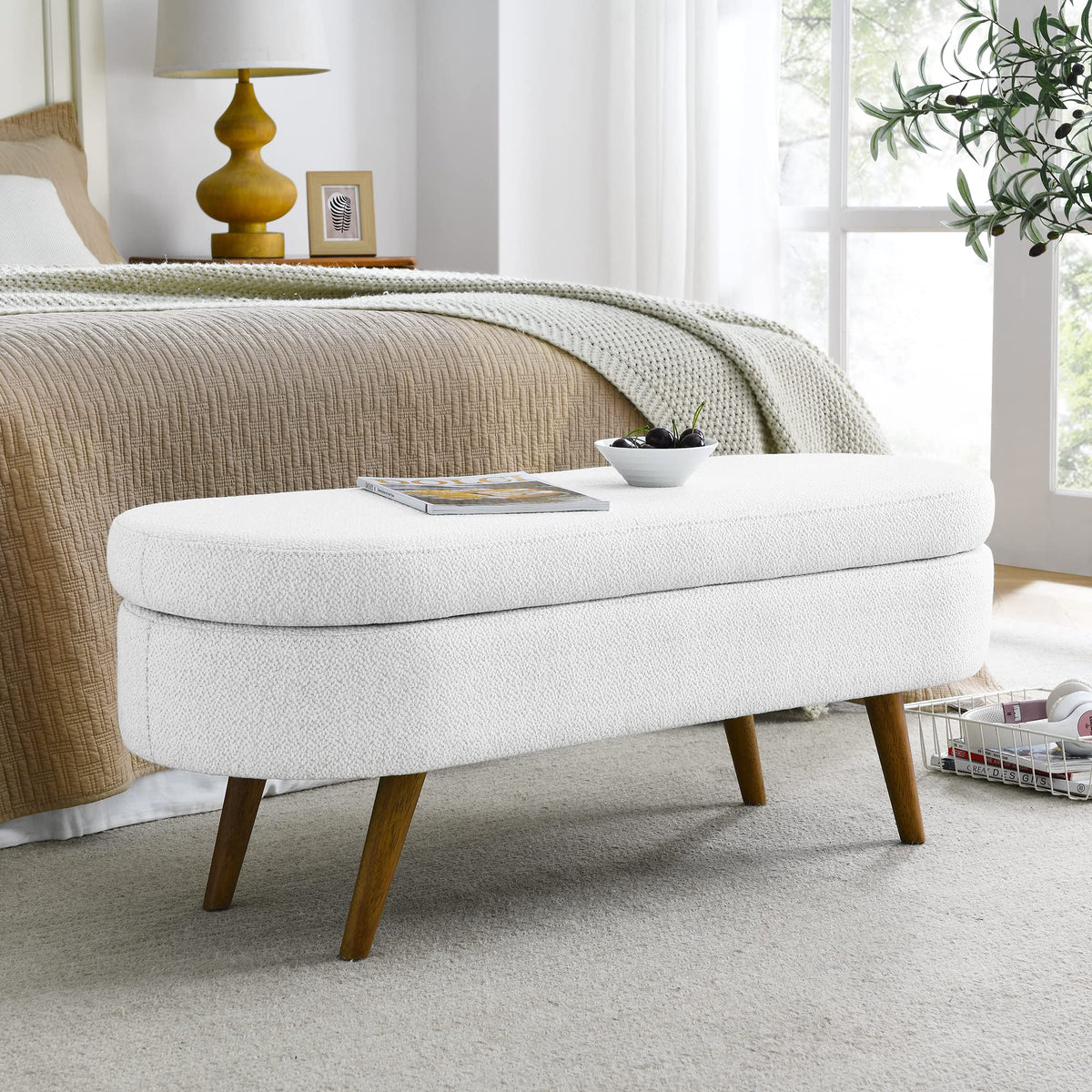 White Storage Bench with Rubber Wood Legs V888917