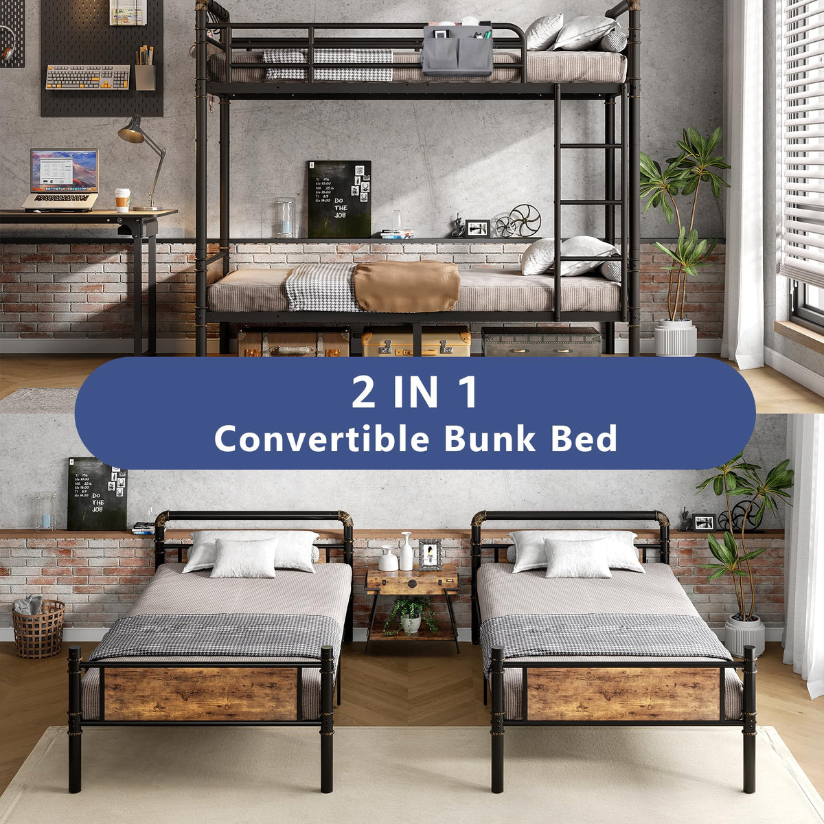 Twin Over Twin Metal Bunk Bed with Ladder and Guardrail M58130