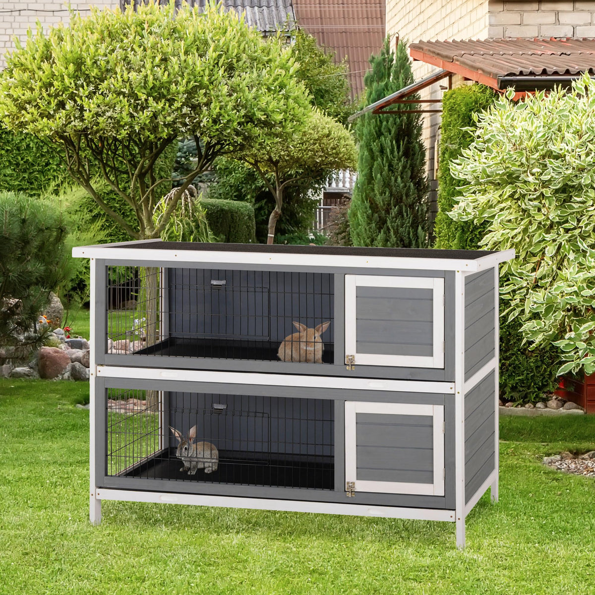 54" 2-Story Wooden Rabbit Hutch with Lockable Doors Q1596