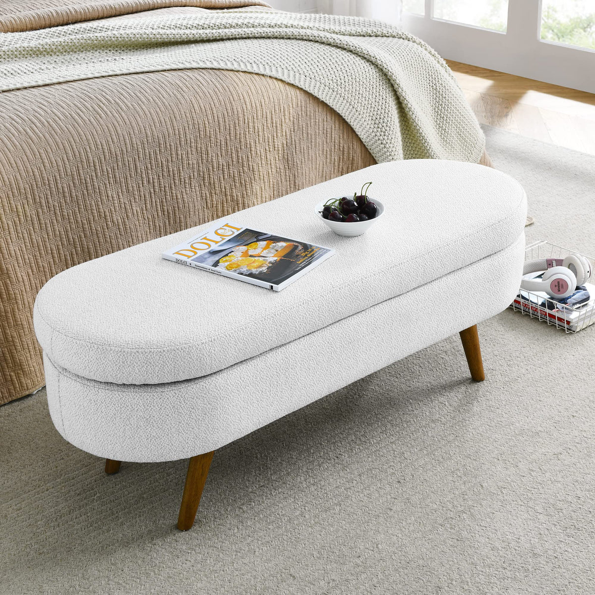 White Storage Bench with Rubber Wood Legs V888917