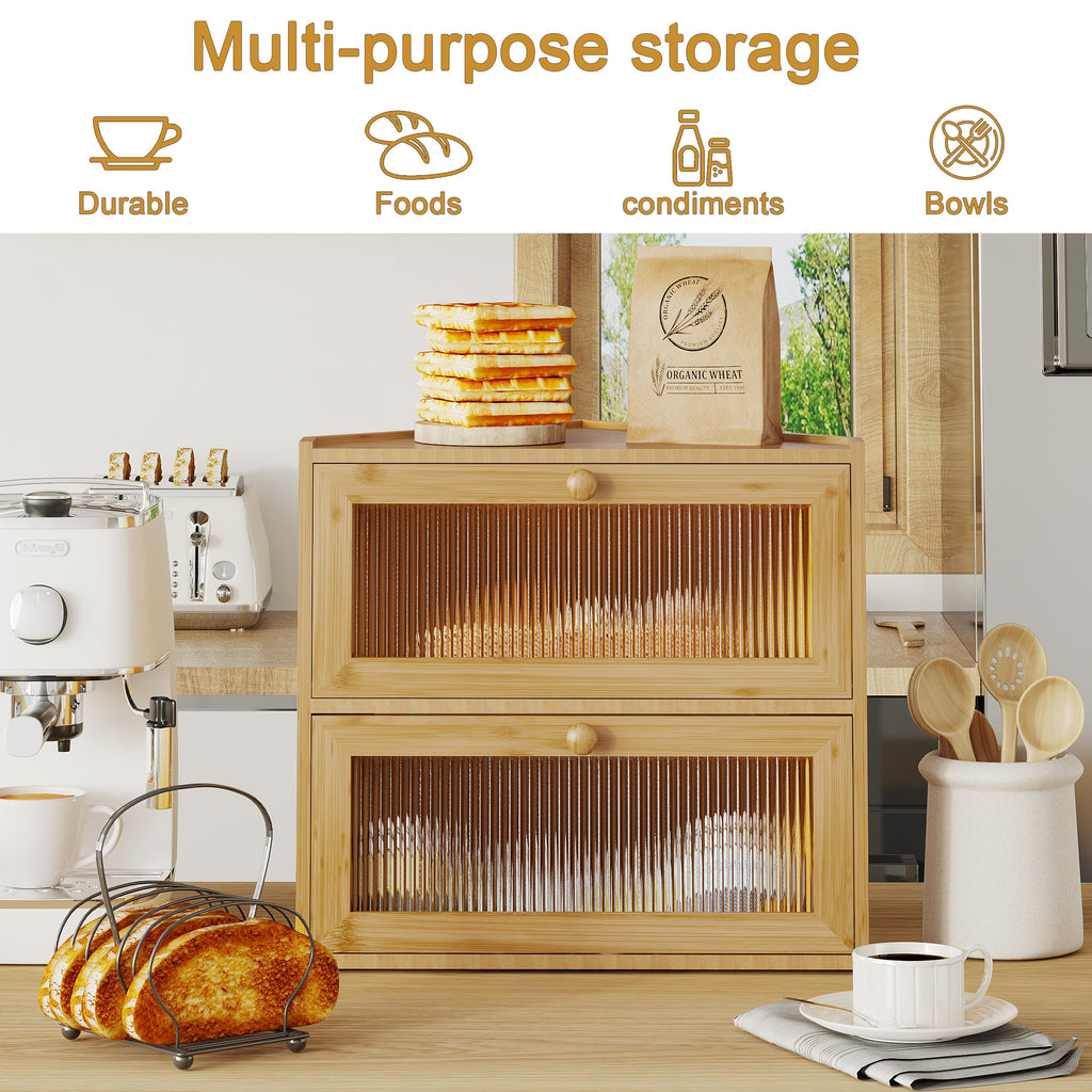 Double Layer Bamboo Bread Box with Wavy Windows A4704