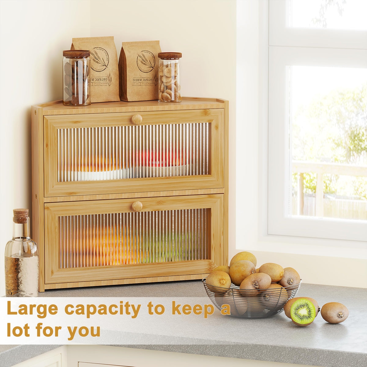 Double Layer Bamboo Bread Box with Wavy Windows A4704