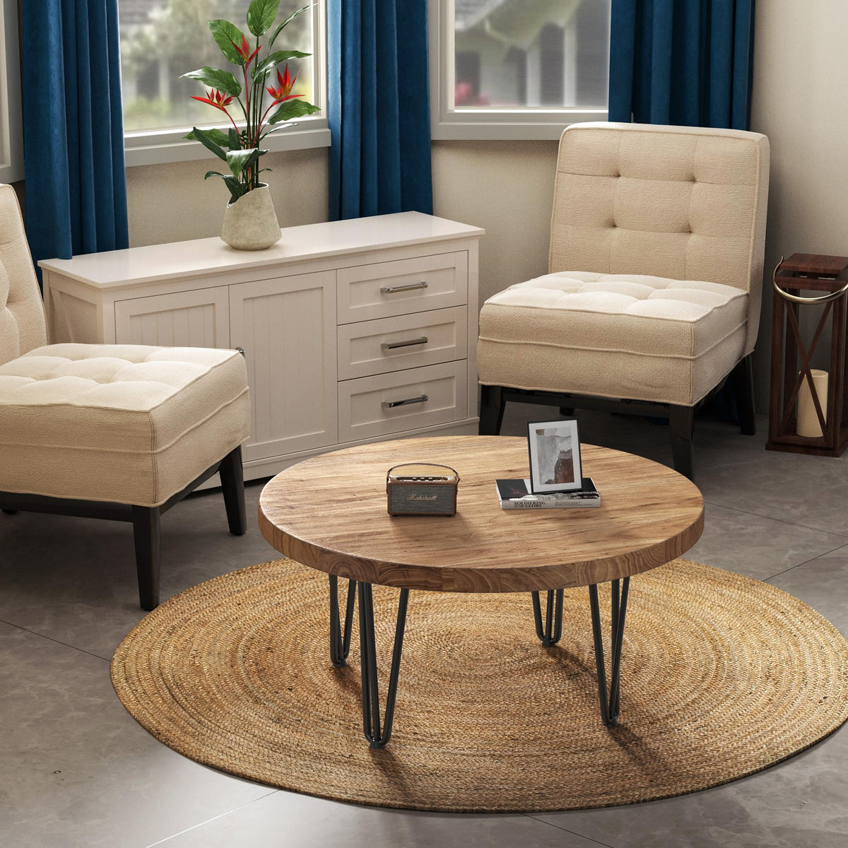 Rustic Wood Round Coffee Table with Metal Legs K61894